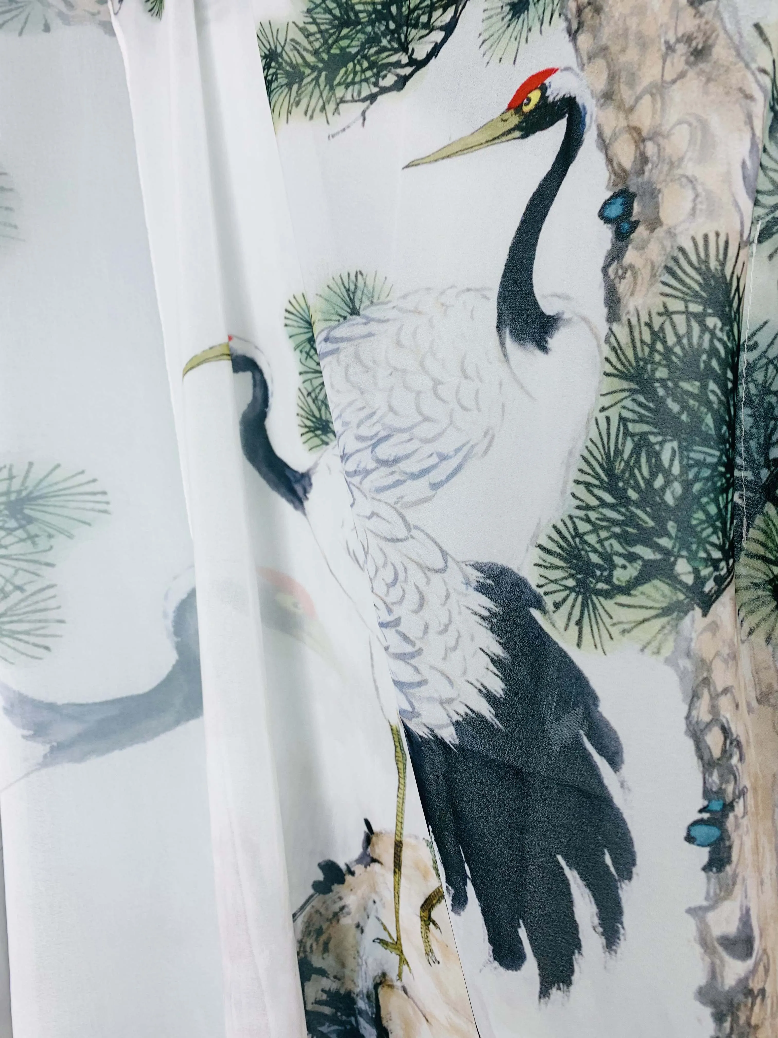 JC071008 White-Green Crane & Pine Tree Kimono