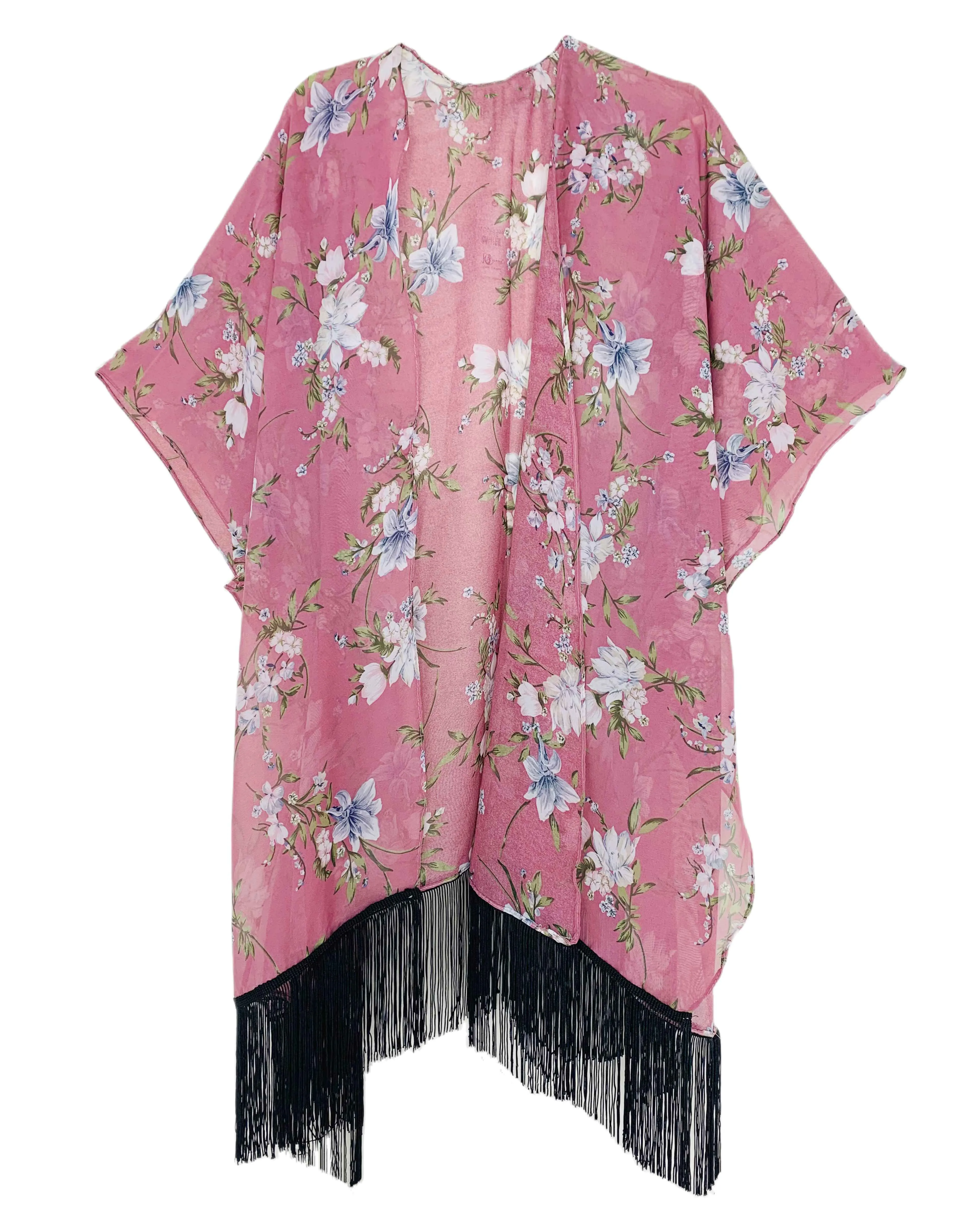 JC083308 Floral Black Fringe-Detailed Kimono