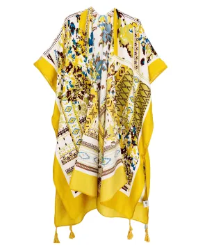 JC083378 Yellow-Blue Tassel-Accent Floral Kimono