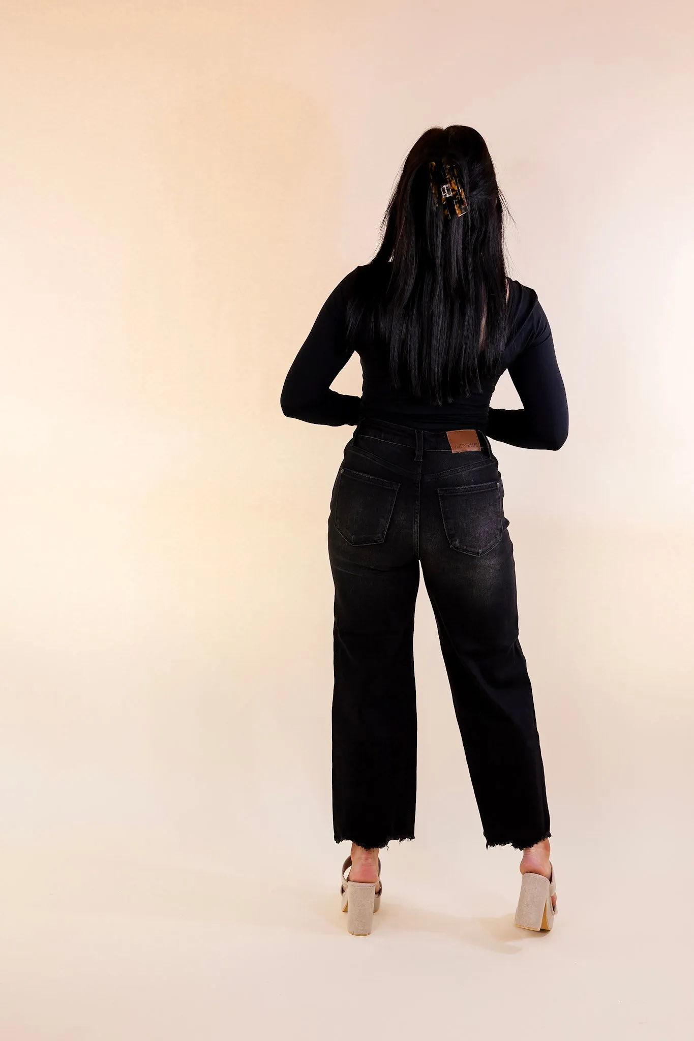 Judy Blue | Frayed Fusion Cropped Wide Leg Jean with Destroy Hem in Black