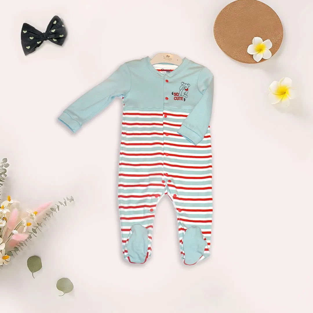 Kids Blue and Red Striped & Teddy Bear Printed Romper