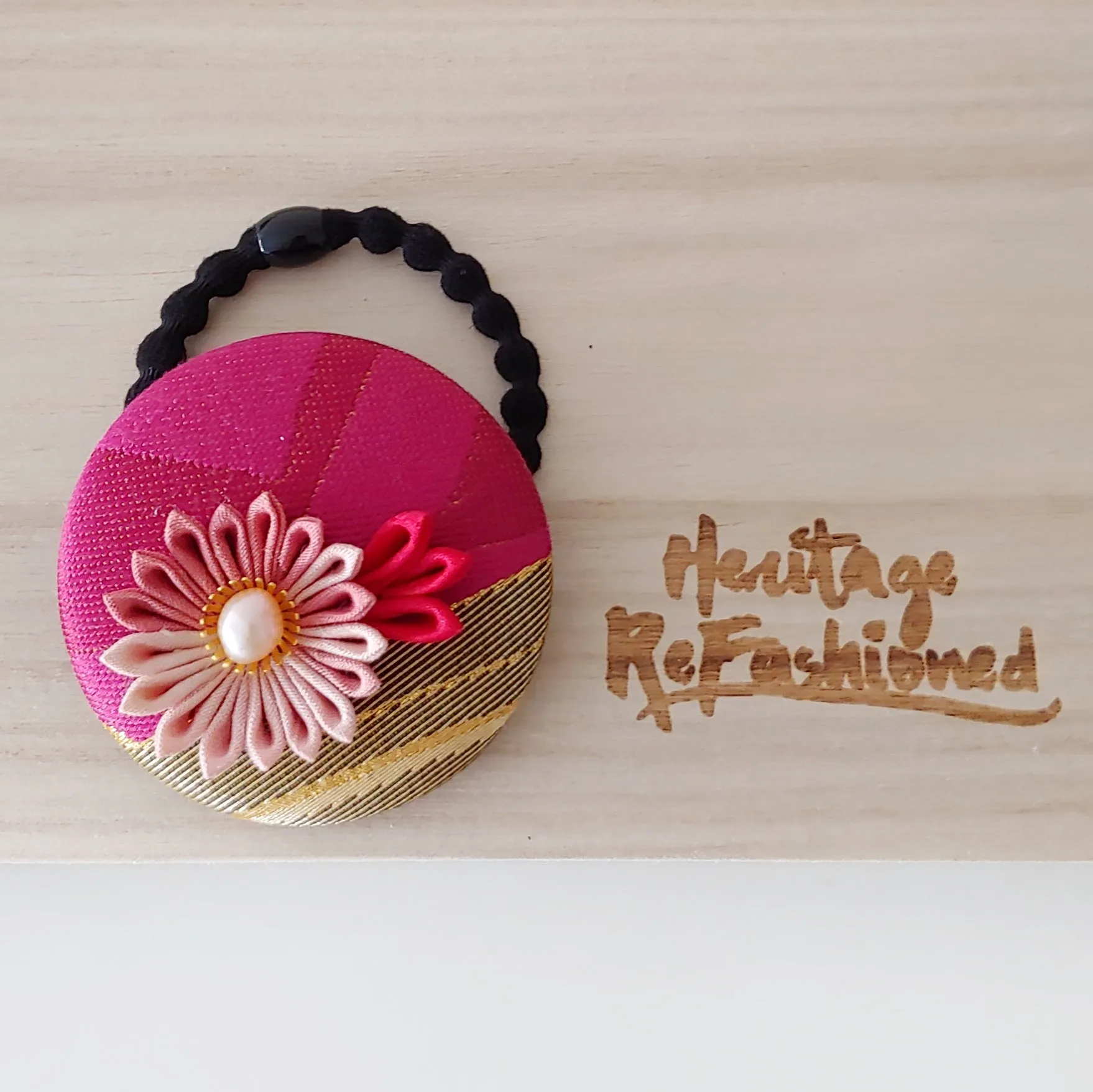 Kimono Silk Flower Hair Tie | Chrysanthemum pink & gold