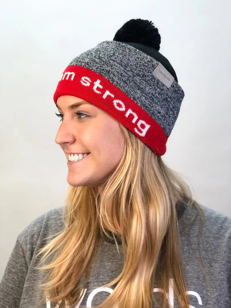 knit beanie with I am strong™ on inside cuff