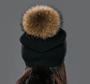 Knit Wool Fox Fur Pom Pom Hat Black/Natural HA201