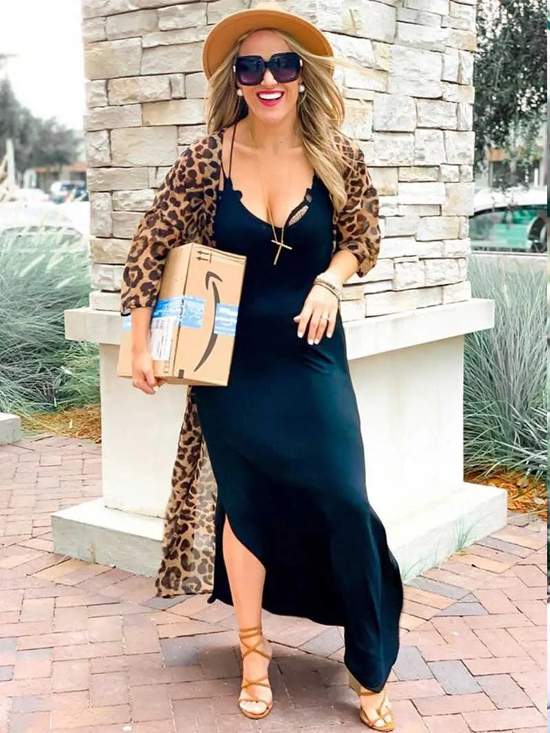 Leopard Print Leopard Color Chiffon Long Length Gown Kimono Duster Robe