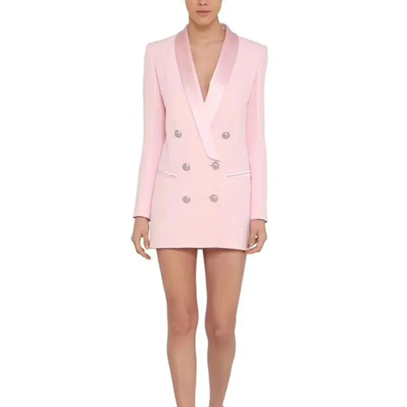 Lion Embellished Double Breasted Blazer Dress with Satin Collar