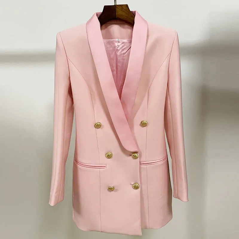 Lion Embellished Double Breasted Blazer Dress with Satin Collar