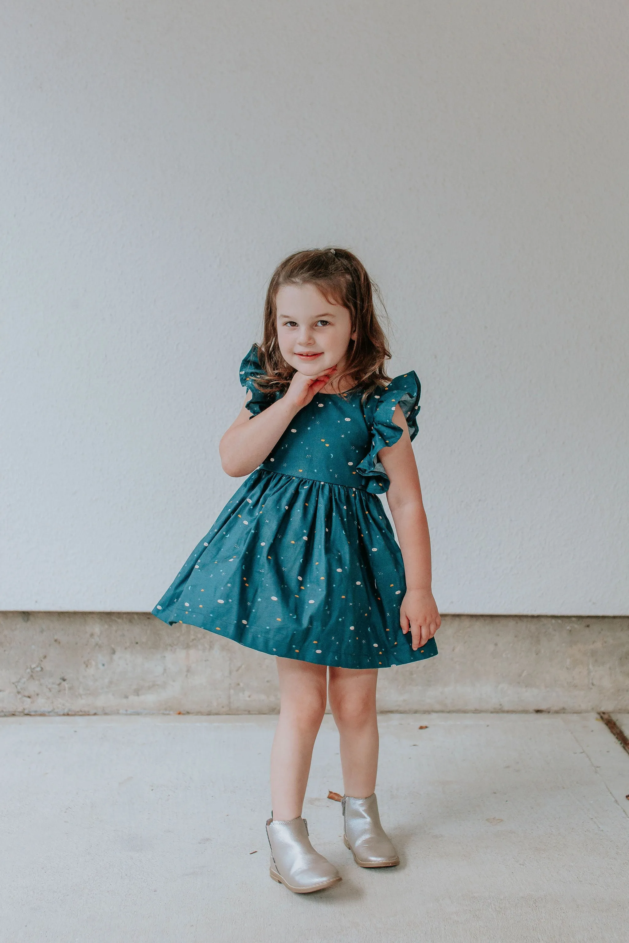 Little Girl's Navy Stargazing Print Ruffle Pinafore Cotton Dress