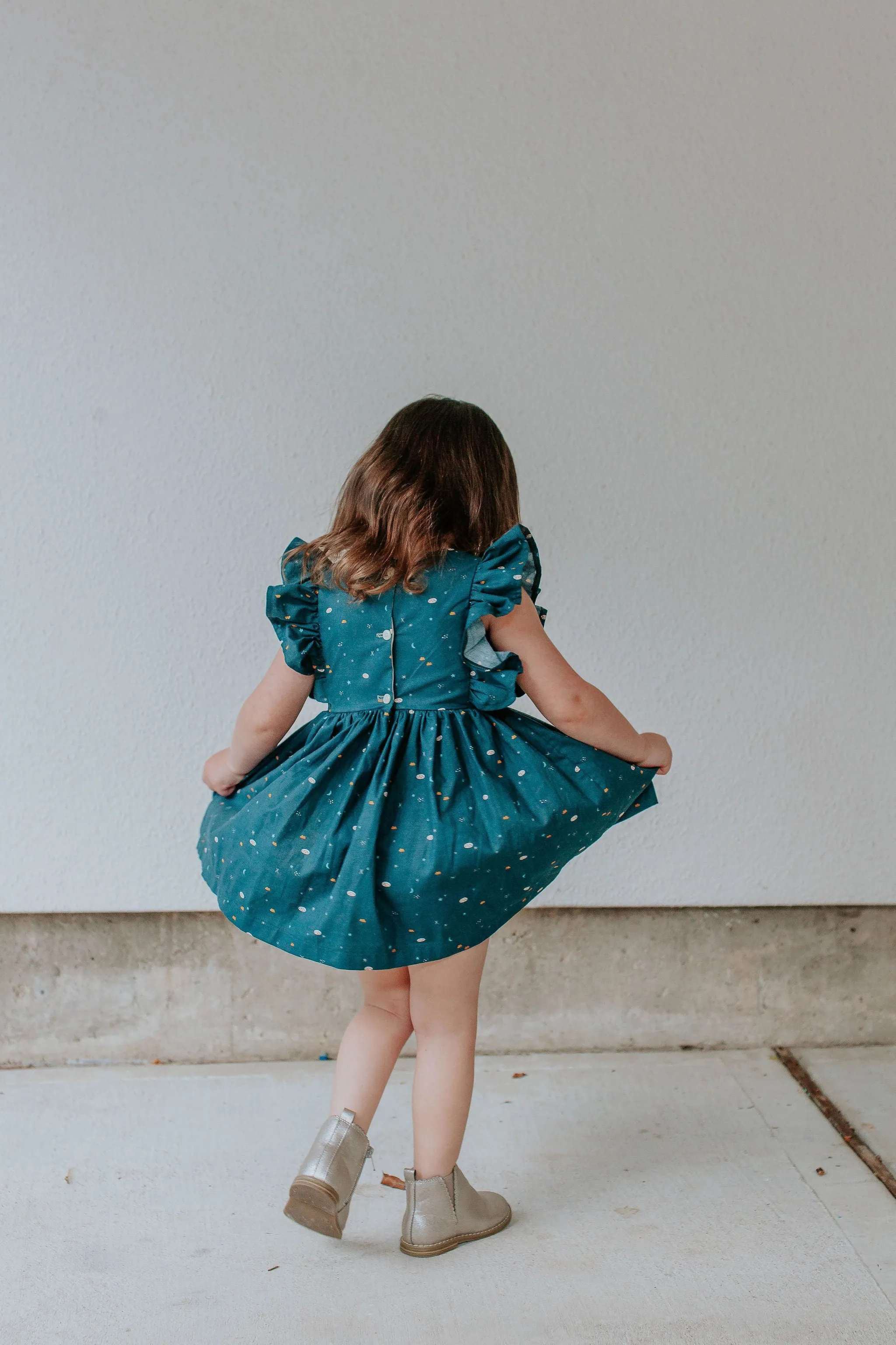 Little Girl's Navy Stargazing Print Ruffle Pinafore Cotton Dress