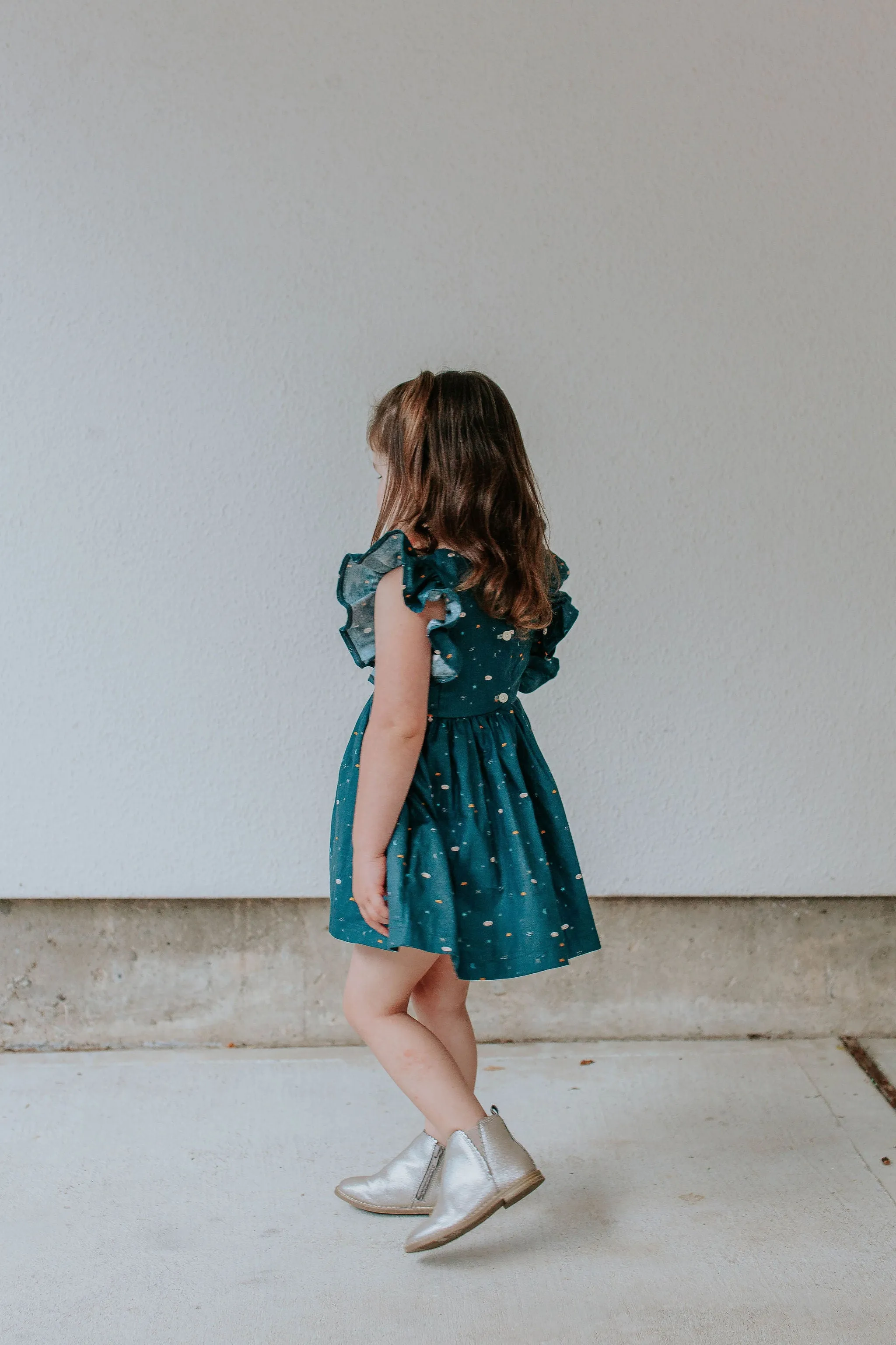 Little Girl's Navy Stargazing Print Ruffle Pinafore Cotton Dress