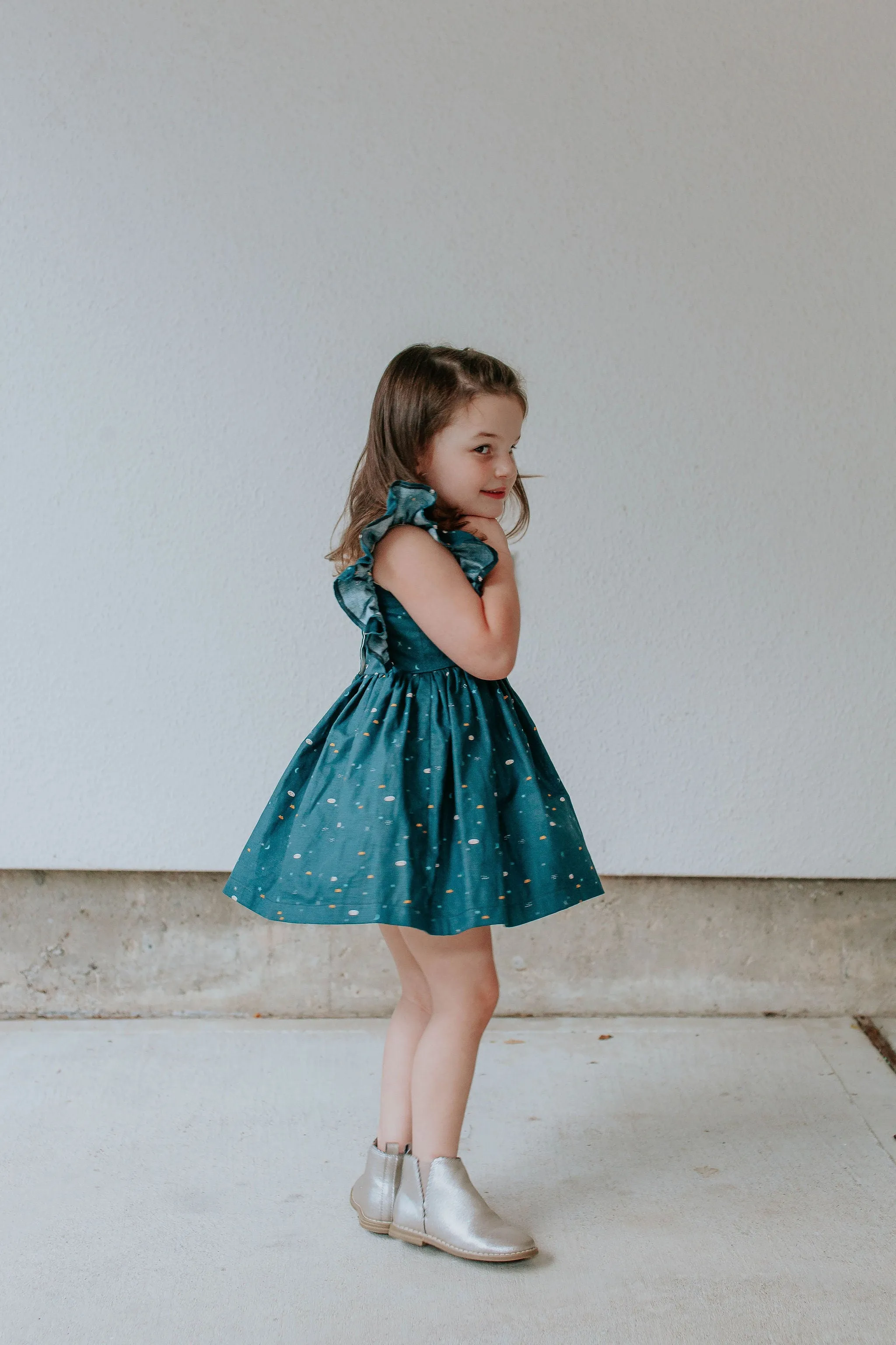 Little Girl's Navy Stargazing Print Ruffle Pinafore Cotton Dress