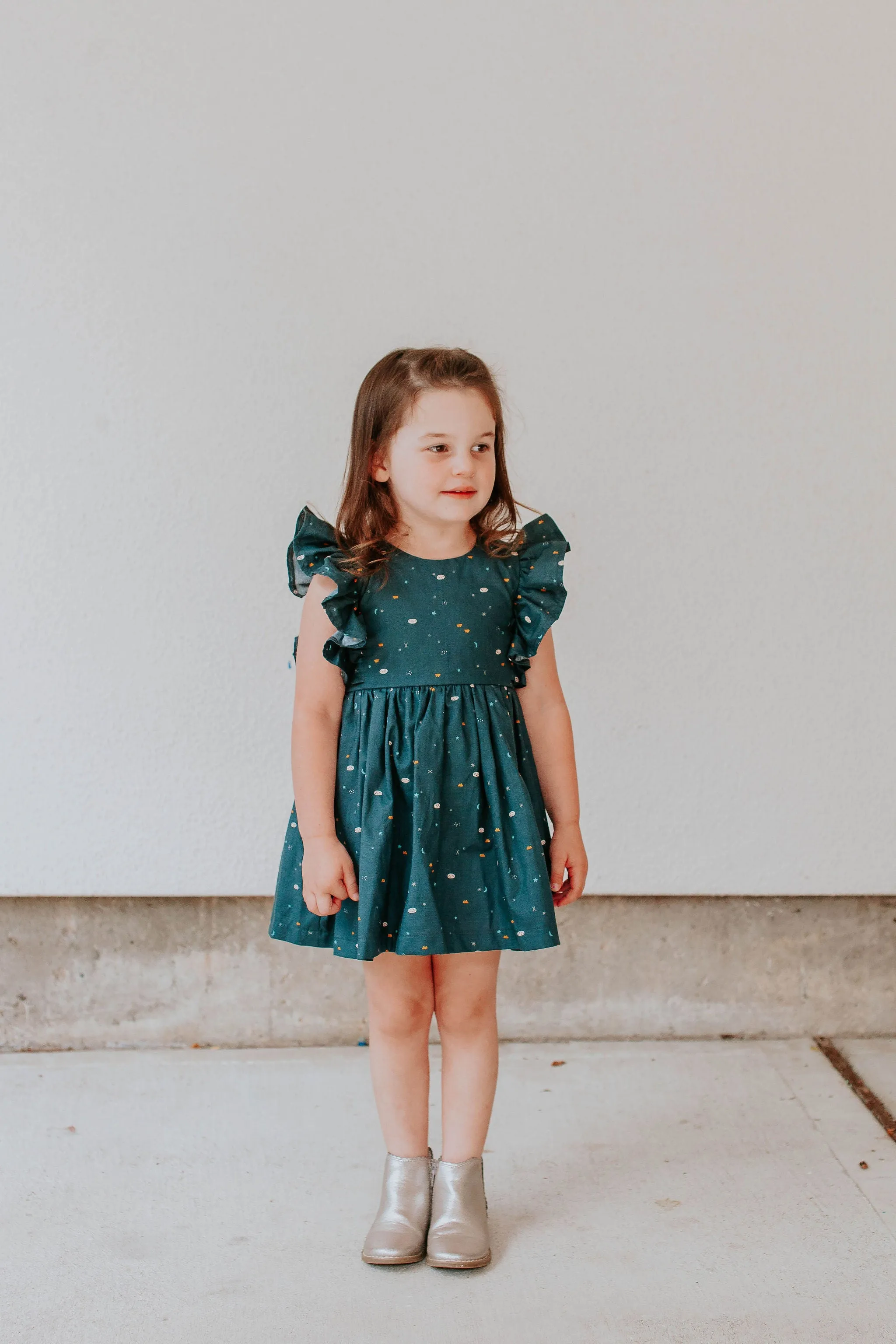 Little Girl's Navy Stargazing Print Ruffle Pinafore Cotton Dress