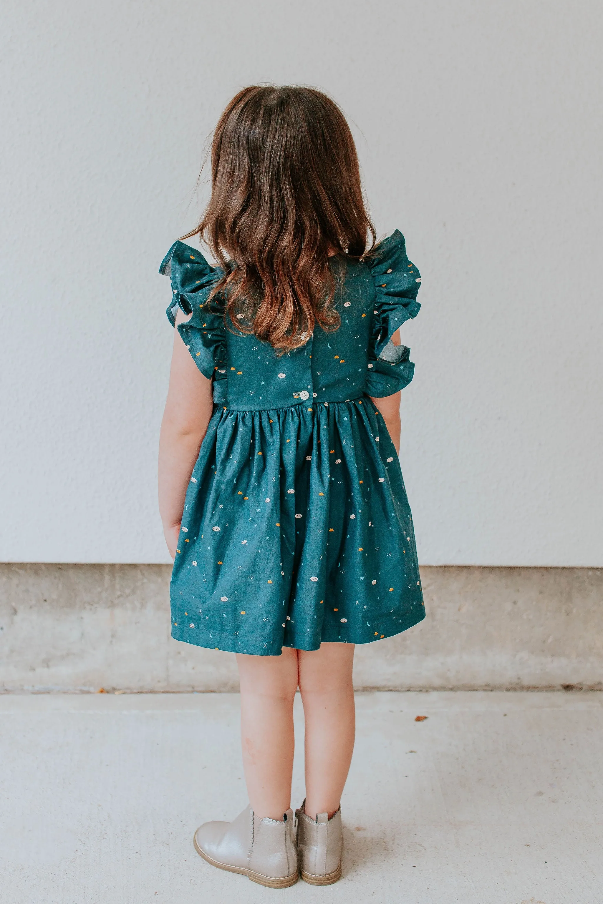 Little Girl's Navy Stargazing Print Ruffle Pinafore Cotton Dress