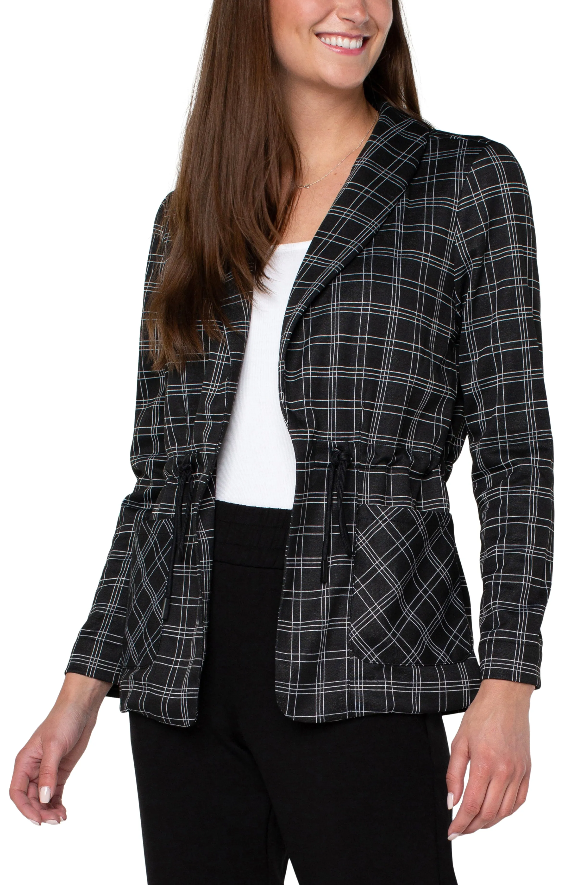 Liverpool Cinched Waist Blazer w Cuffed Sleeve (Black/White Graphic Plaid)