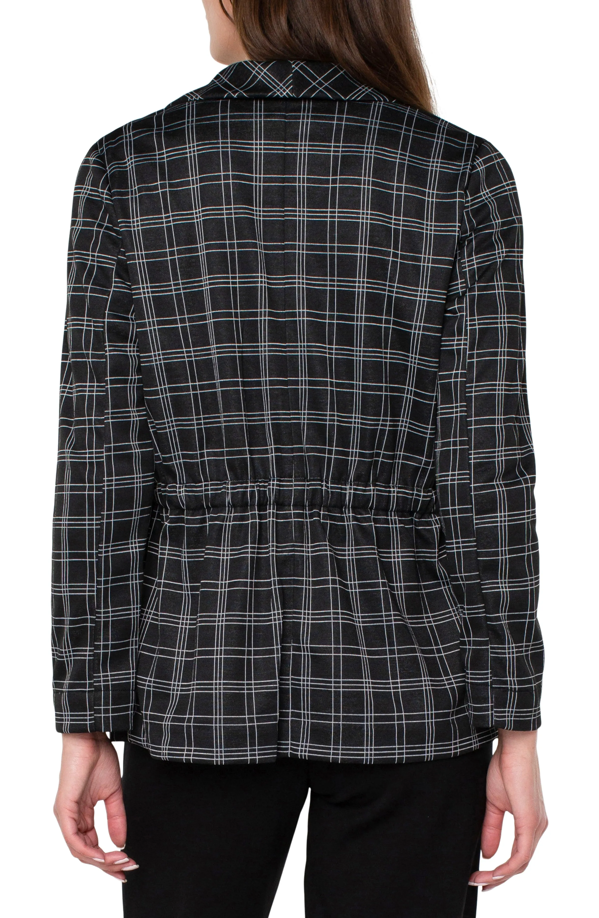 Liverpool Cinched Waist Blazer w Cuffed Sleeve (Black/White Graphic Plaid)