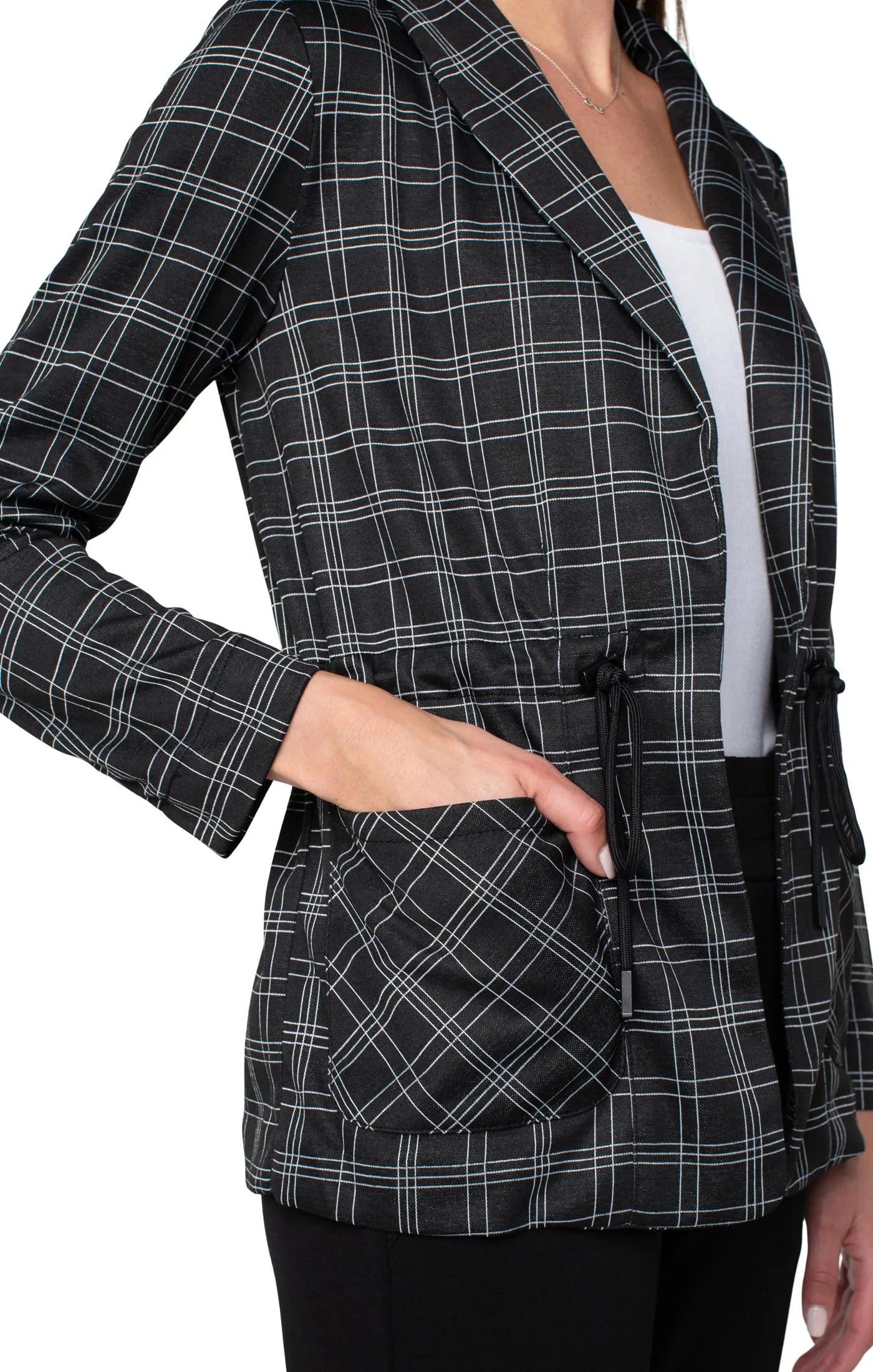 Liverpool Cinched Waist Blazer w Cuffed Sleeve (Black/White Graphic Plaid)