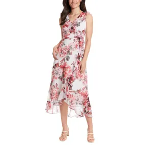 London Times Women's Floral Pint Side Tie Ruffle Wrap Maxi Dress