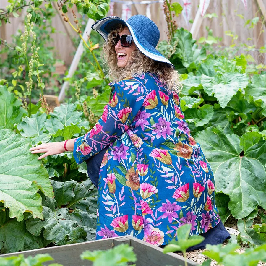 Long blue mix floral print kimono