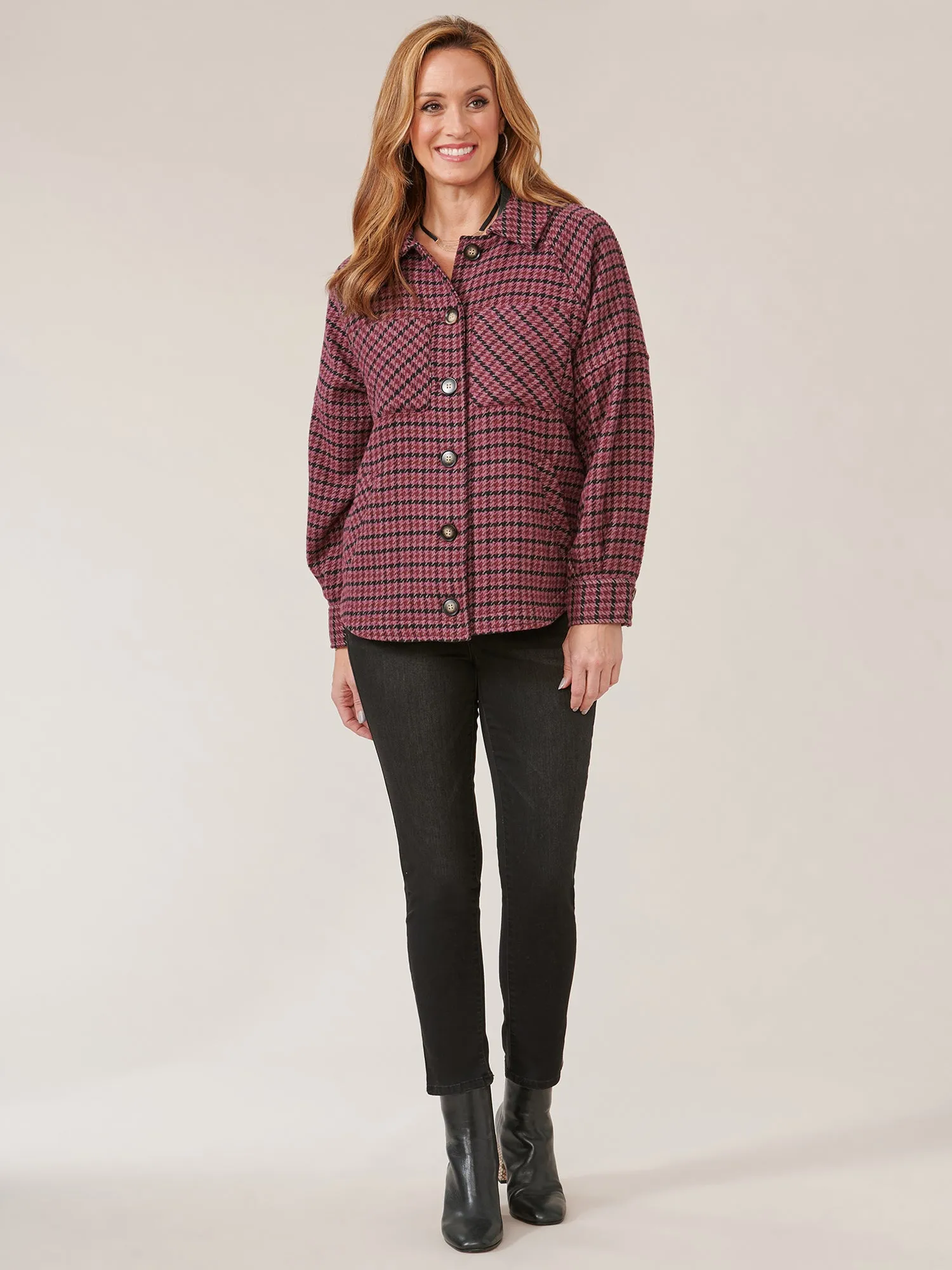 Long Raglan Sleeve Button Front Houndstooth Jacket