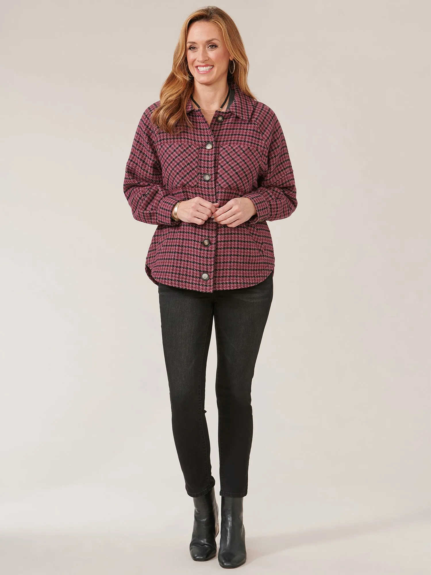 Long Raglan Sleeve Button Front Houndstooth Jacket