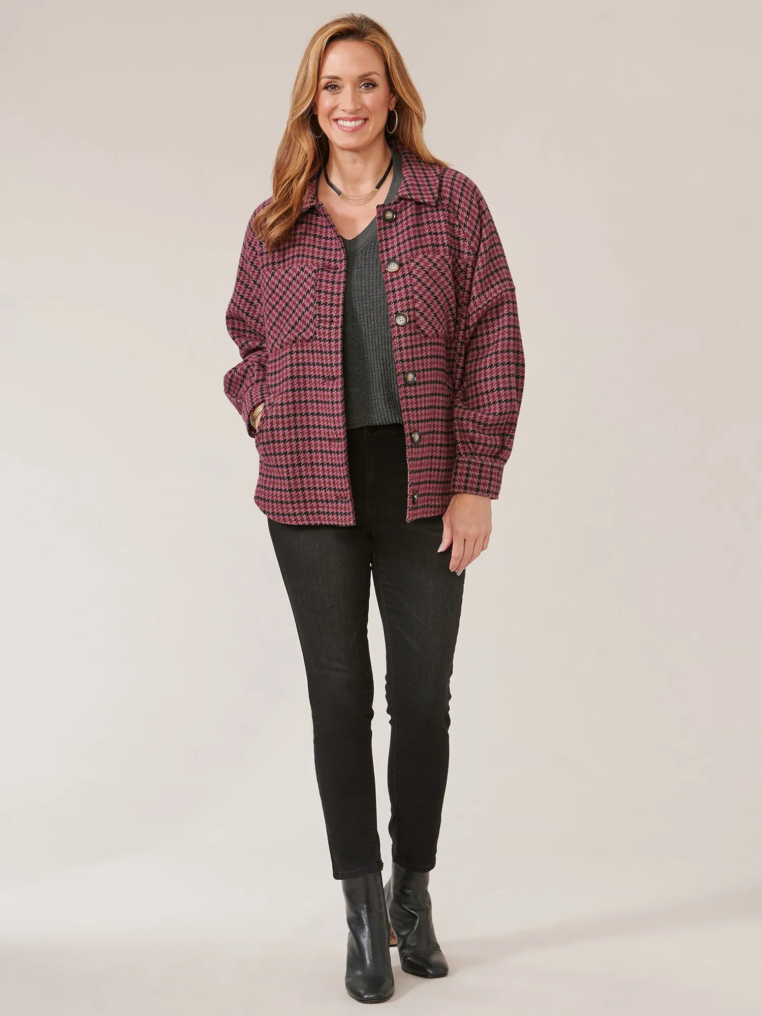 Long Raglan Sleeve Button Front Houndstooth Jacket