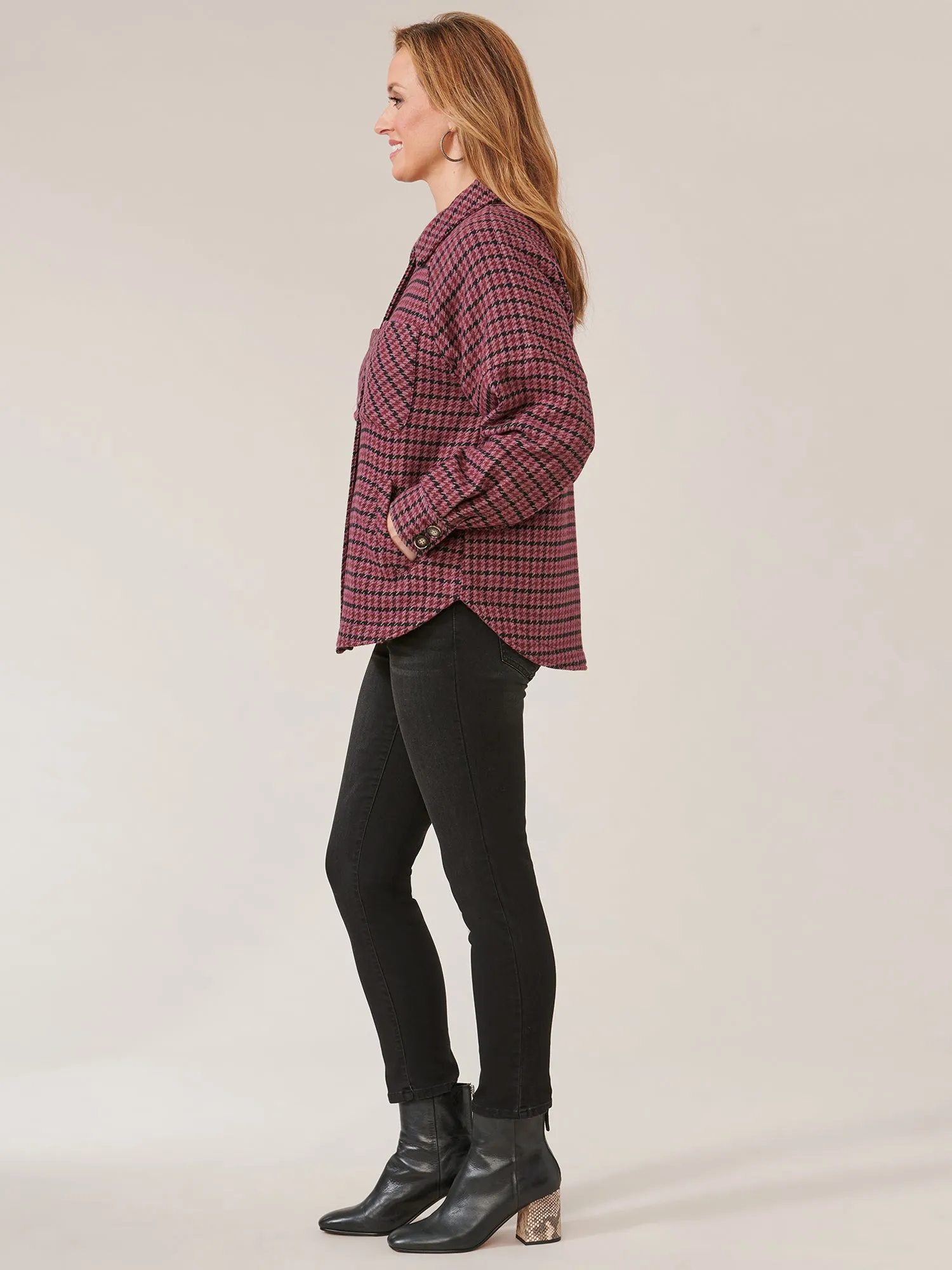 Long Raglan Sleeve Button Front Houndstooth Jacket