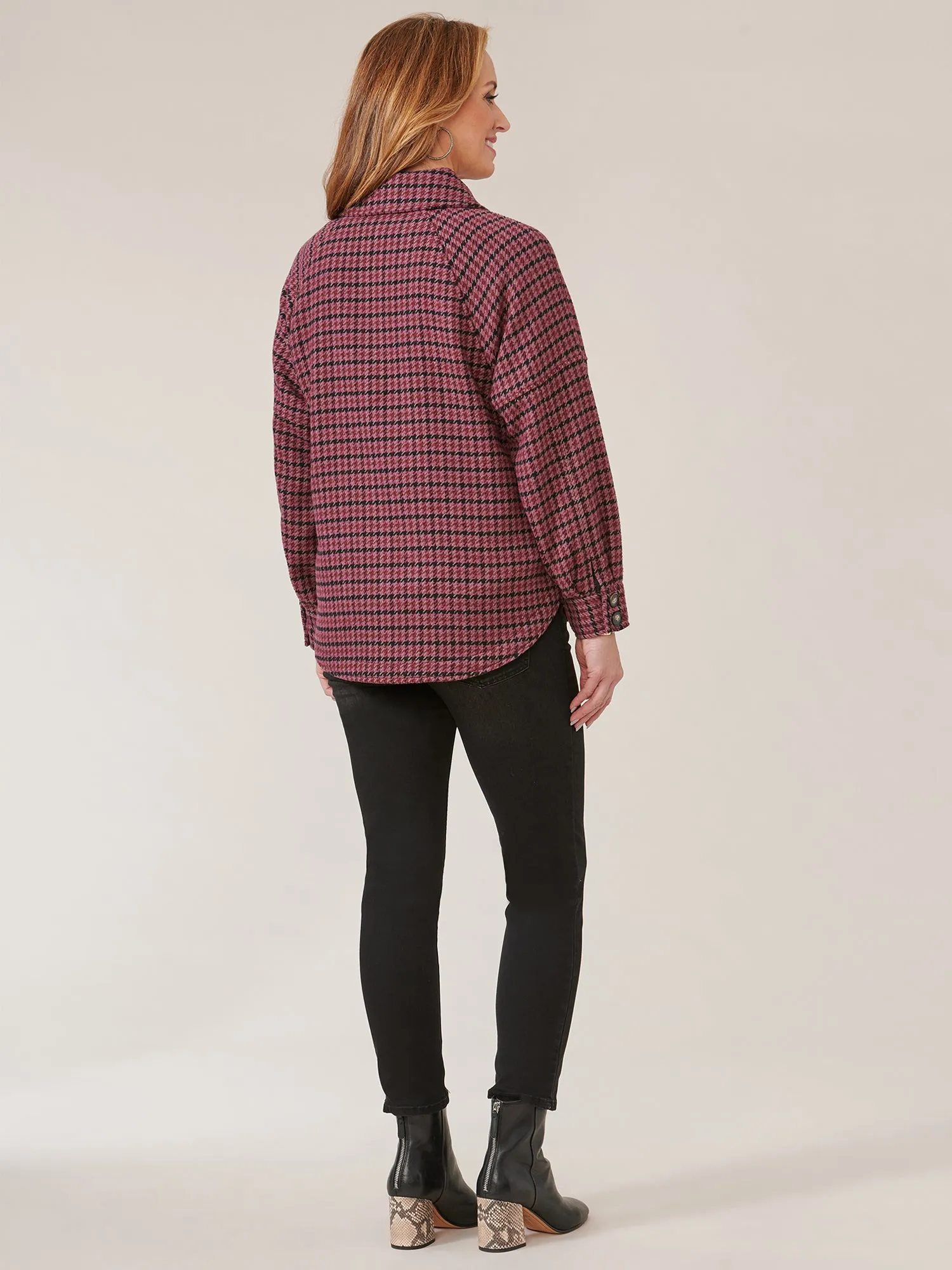 Long Raglan Sleeve Button Front Houndstooth Jacket