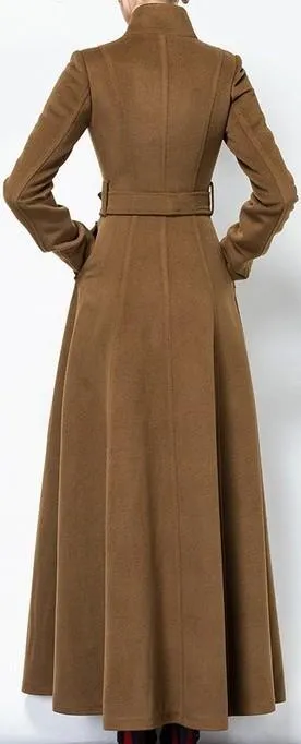 Long Single-Breasted Cashmere & Wool Blend Coat, Brown