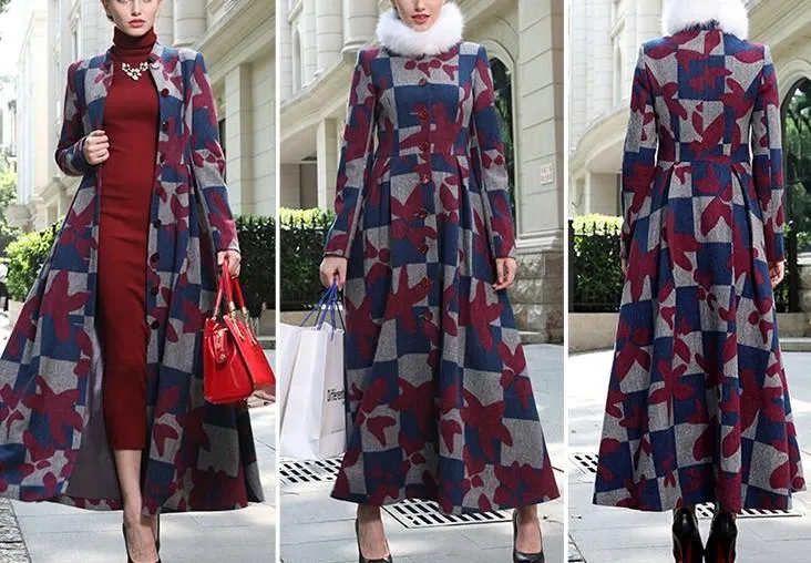 Long Single-Breasted Multi-Printed Wool Coat