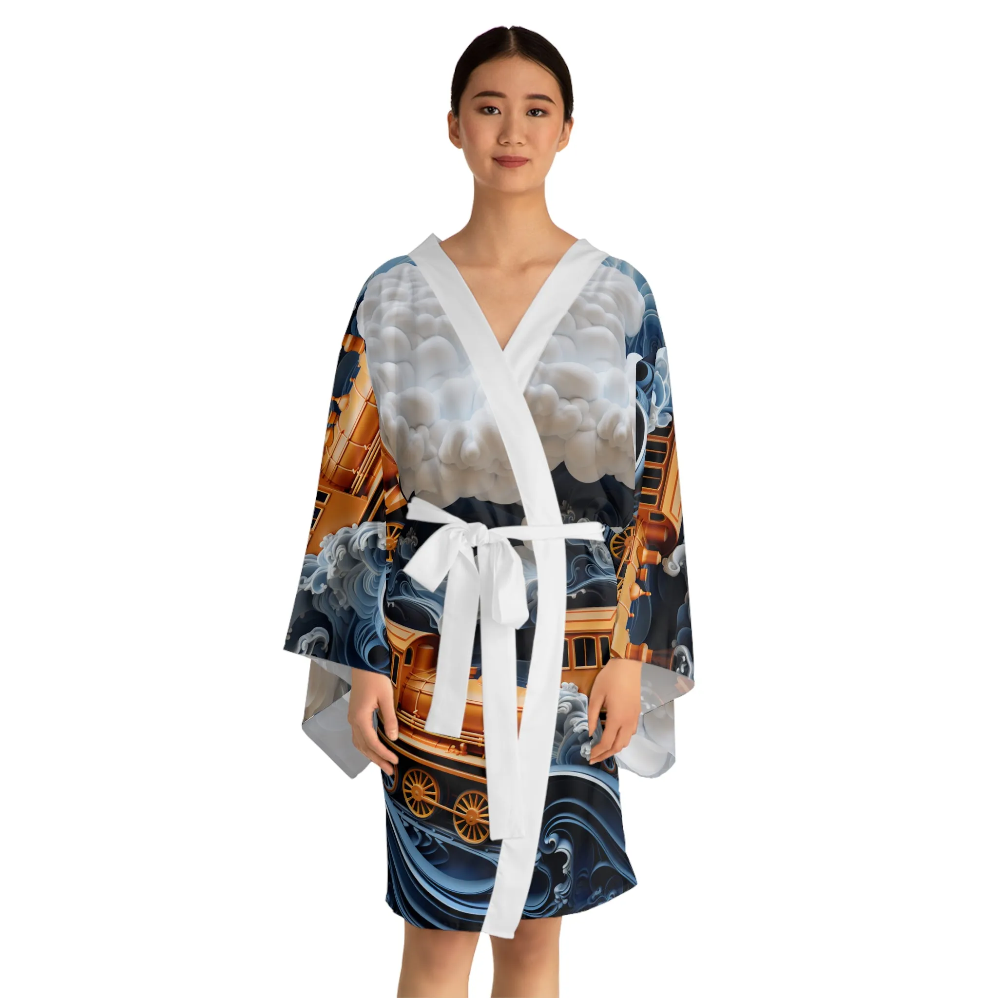 Long Sleeve Kimono Robe (AOP) Puffy Clouds and Train 016