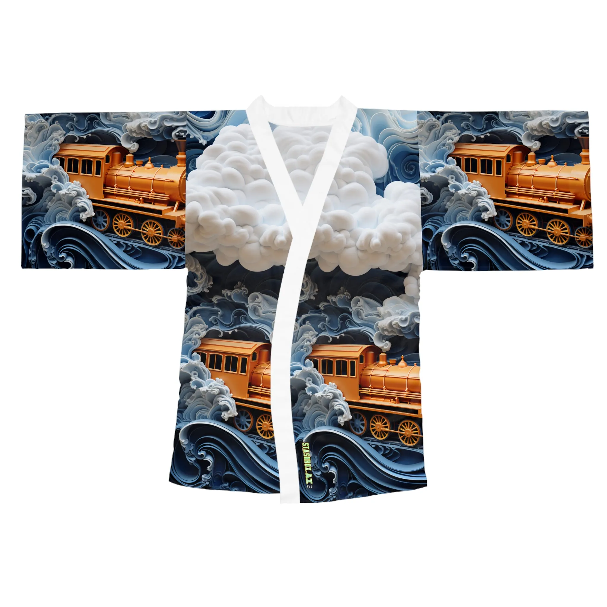 Long Sleeve Kimono Robe (AOP) Puffy Clouds and Train 016