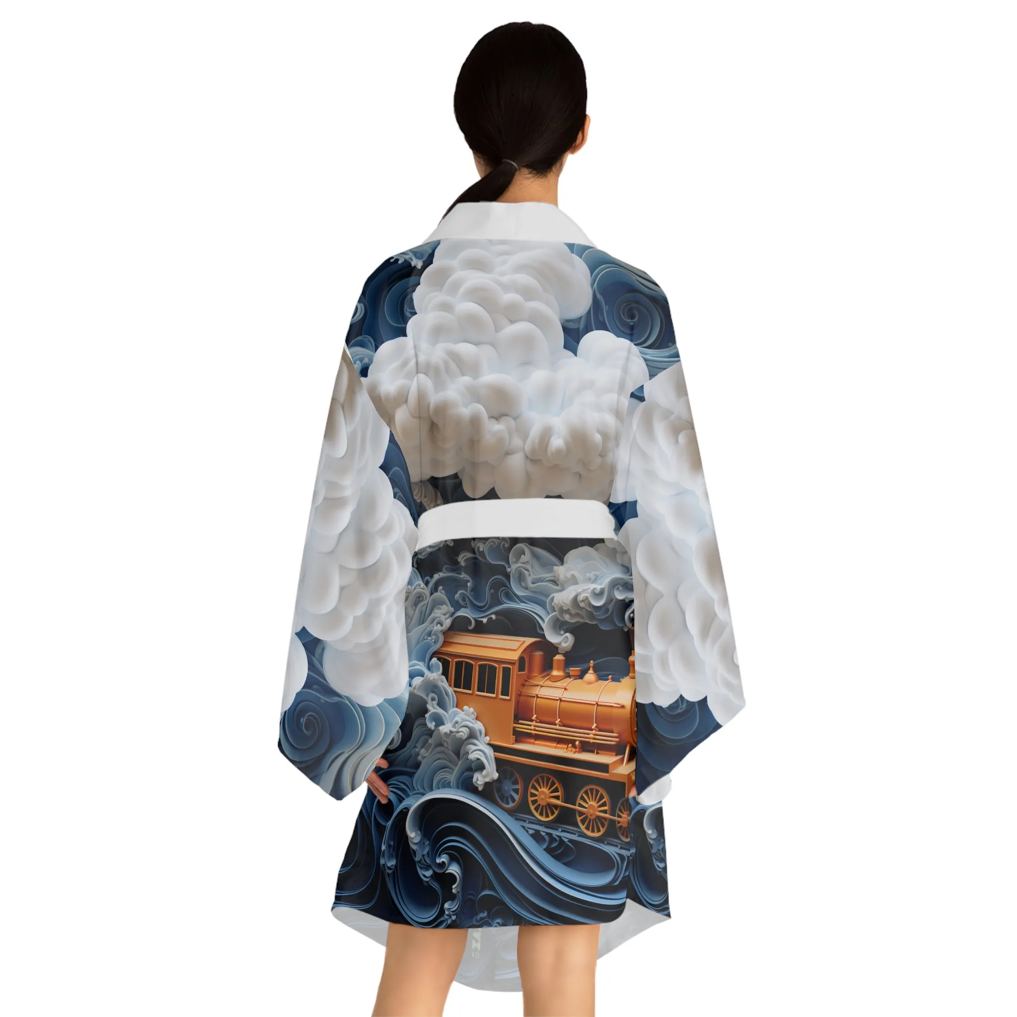 Long Sleeve Kimono Robe (AOP) Puffy Clouds and Train 016