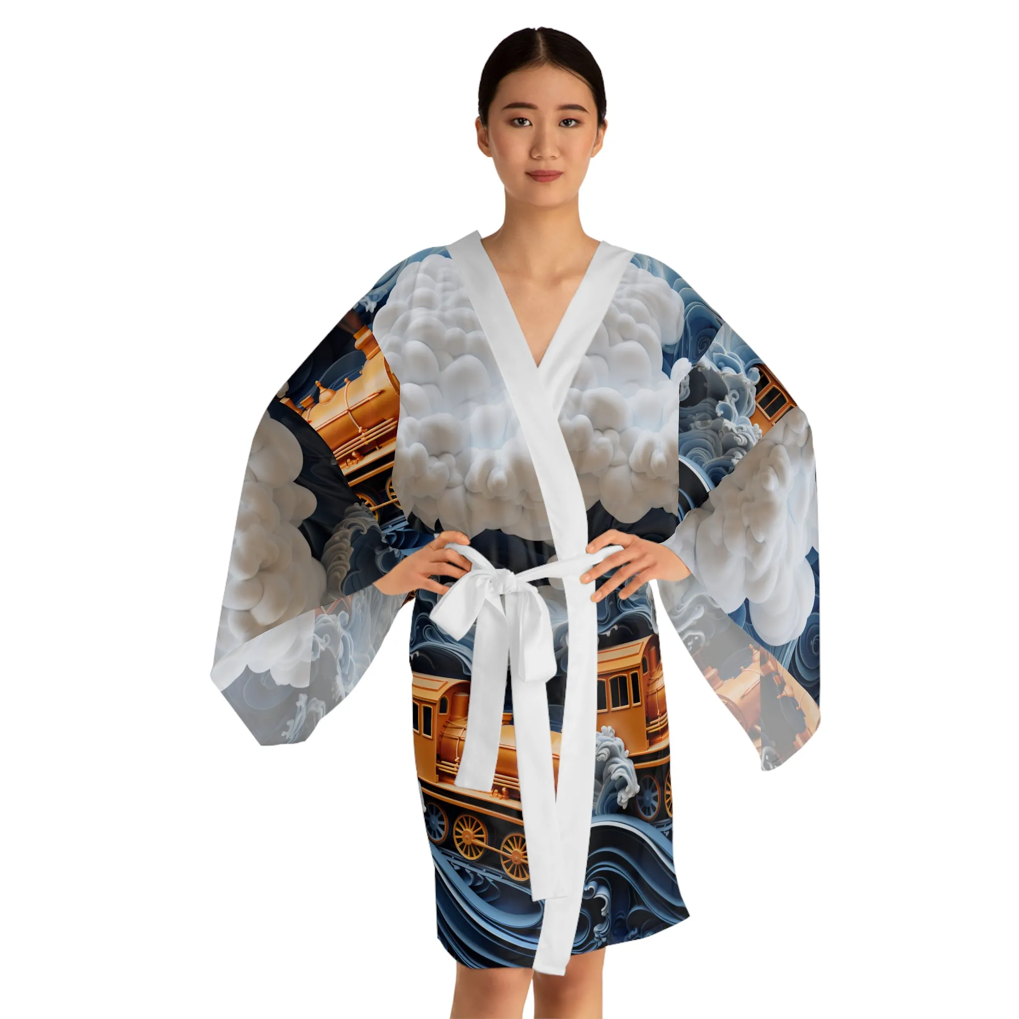 Long Sleeve Kimono Robe (AOP) Puffy Clouds and Train 016