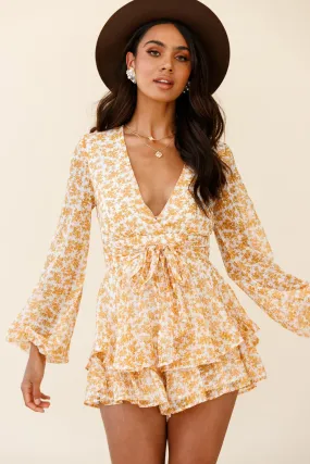 Maddox Fit & Flare Long Sleeve Romper Dainty Floral Print Mustard