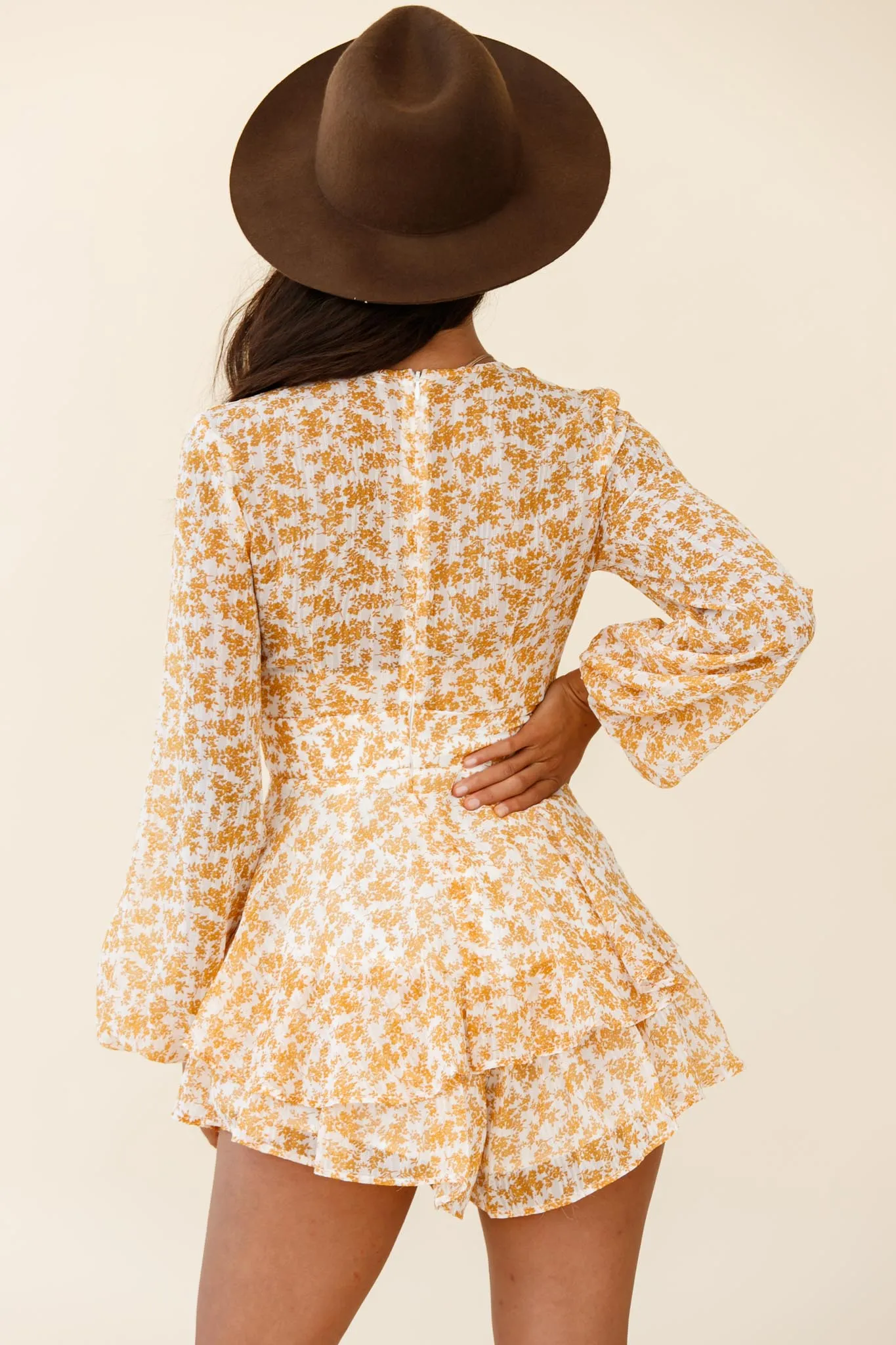 Maddox Fit & Flare Long Sleeve Romper Dainty Floral Print Mustard