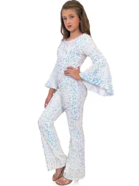 Marc Defang 8225K Size 16 White Girls Velvet Sequin Pageant Jumpsuit Long Bell Sleeve Fun Fashion