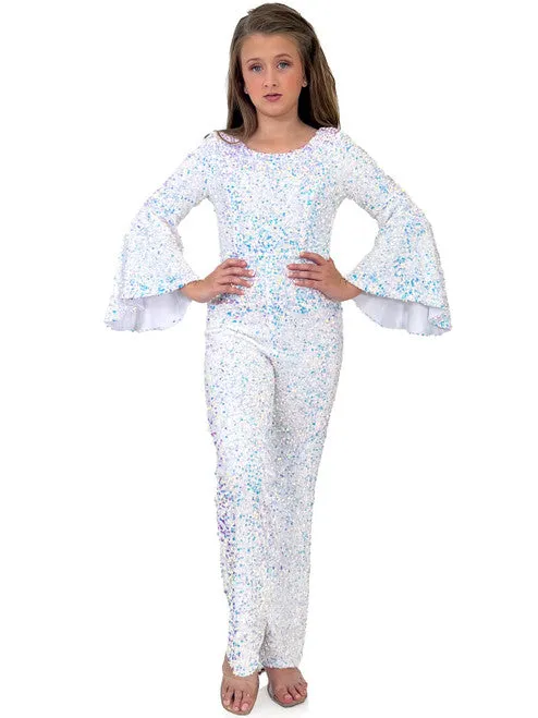 Marc Defang 8225K Size 16 White Girls Velvet Sequin Pageant Jumpsuit Long Bell Sleeve Fun Fashion