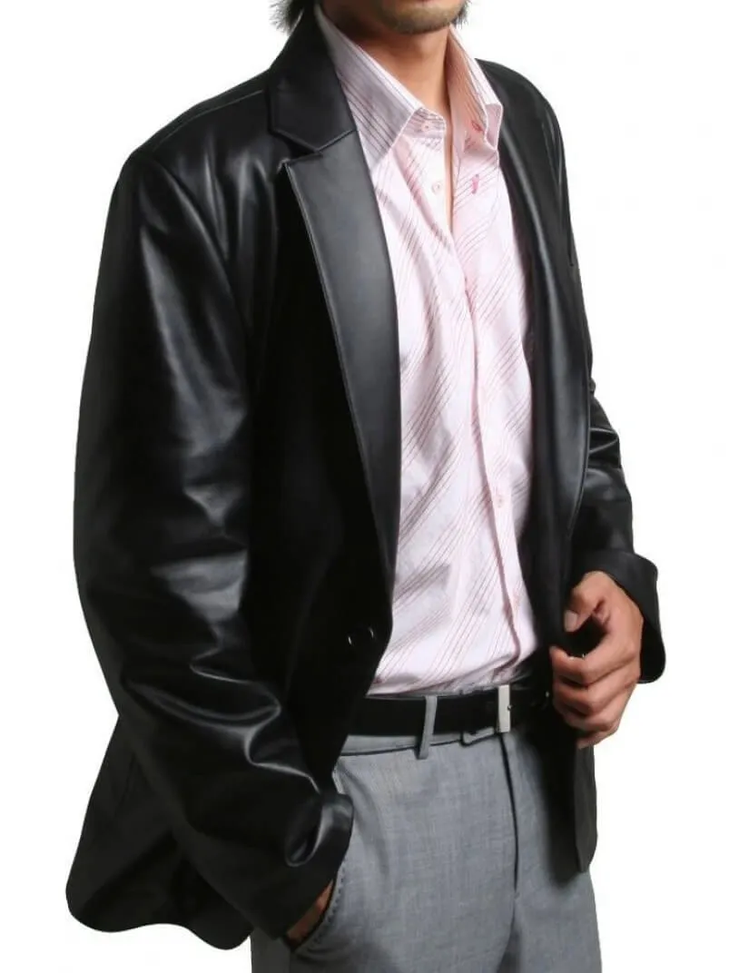 Men's One-Button Closure Soft Lambskin Black Leather Blazer