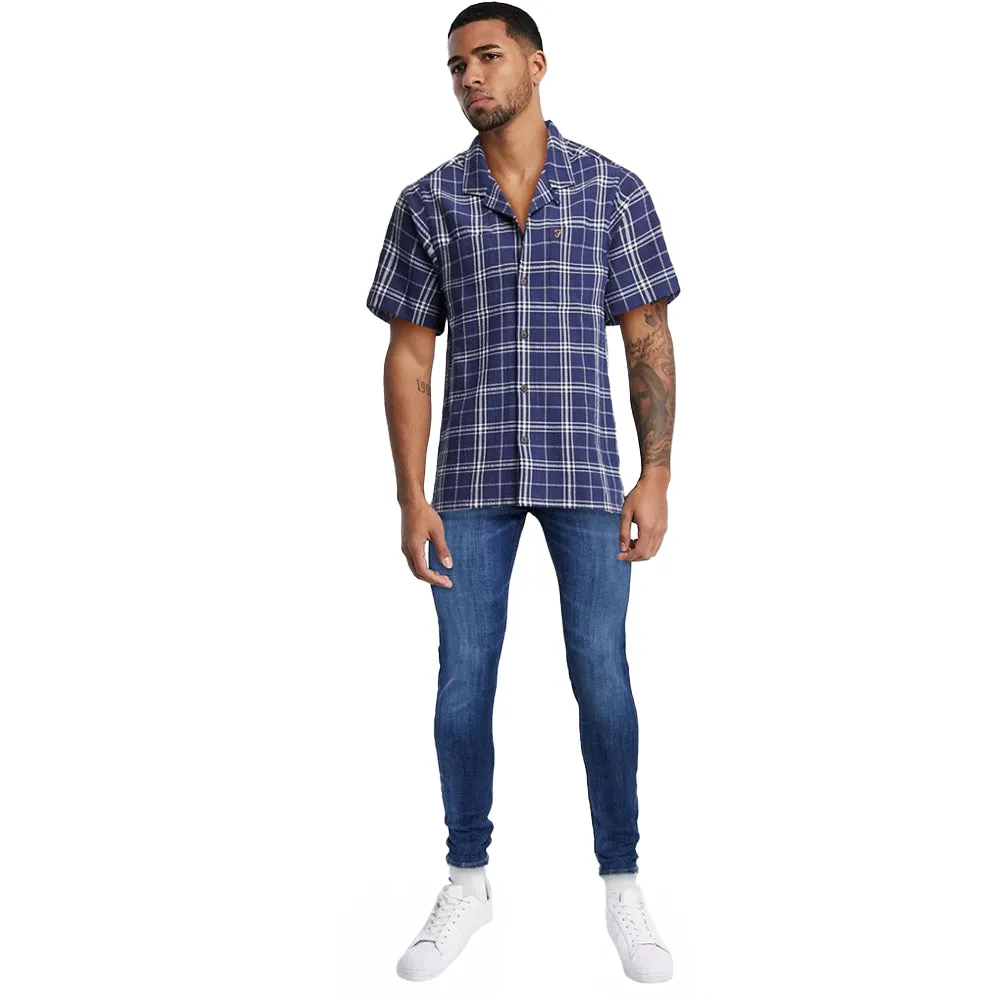 Men's Plaid Short Sleeve Chemise,Navy