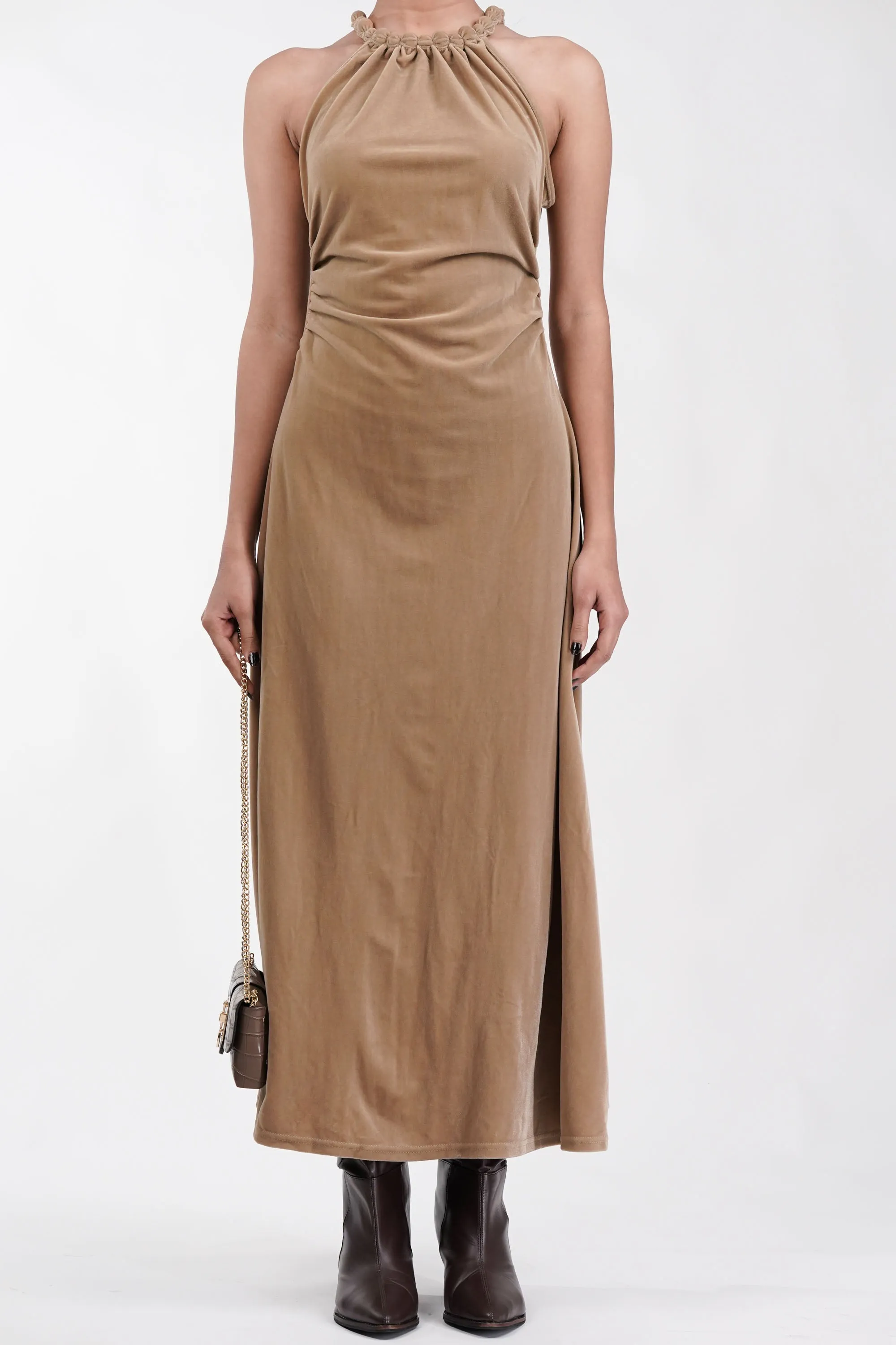 Midnight Luxe Beige Velvet Dress