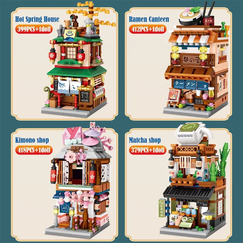 Mini City Street View Noodle Shop House Building Blocks 4 in 1 Japanese Architecture Friends Figures Bricks Toys For Children