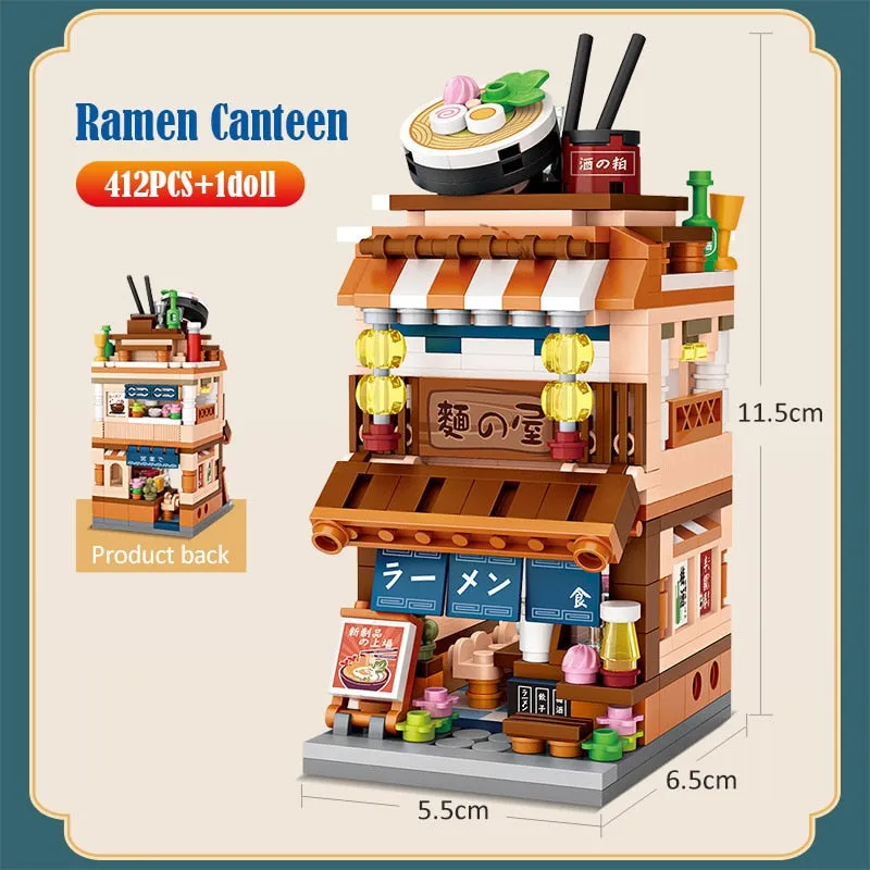 Mini City Street View Noodle Shop House Building Blocks 4 in 1 Japanese Architecture Friends Figures Bricks Toys For Children