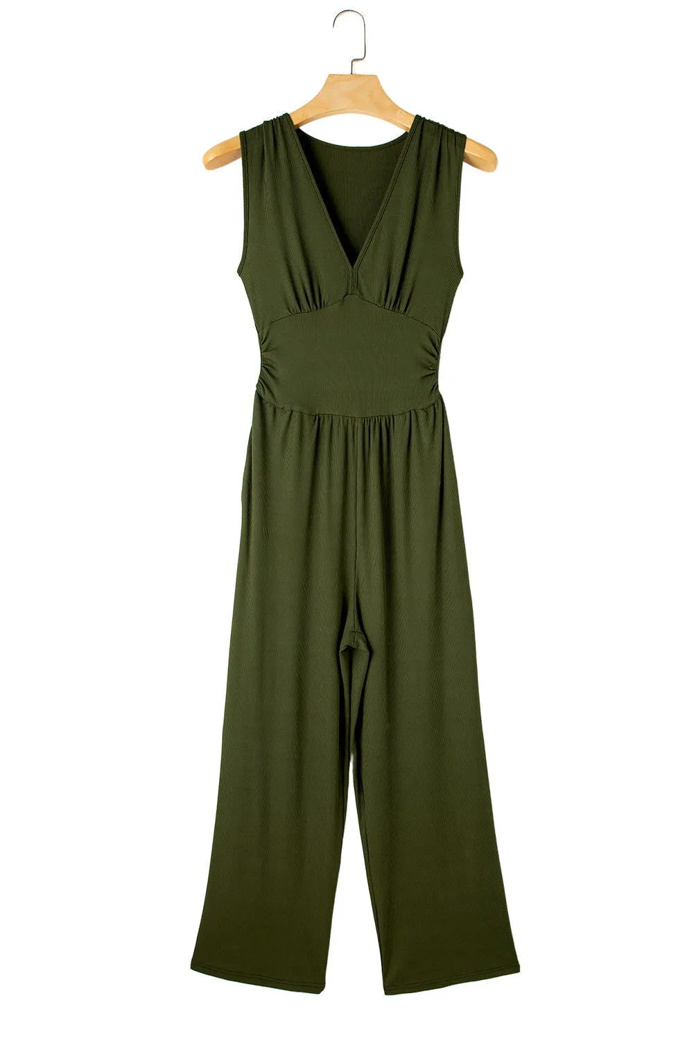 Moss Green Sleeveless V Neck Ruched Wide Leg Jumpsuit