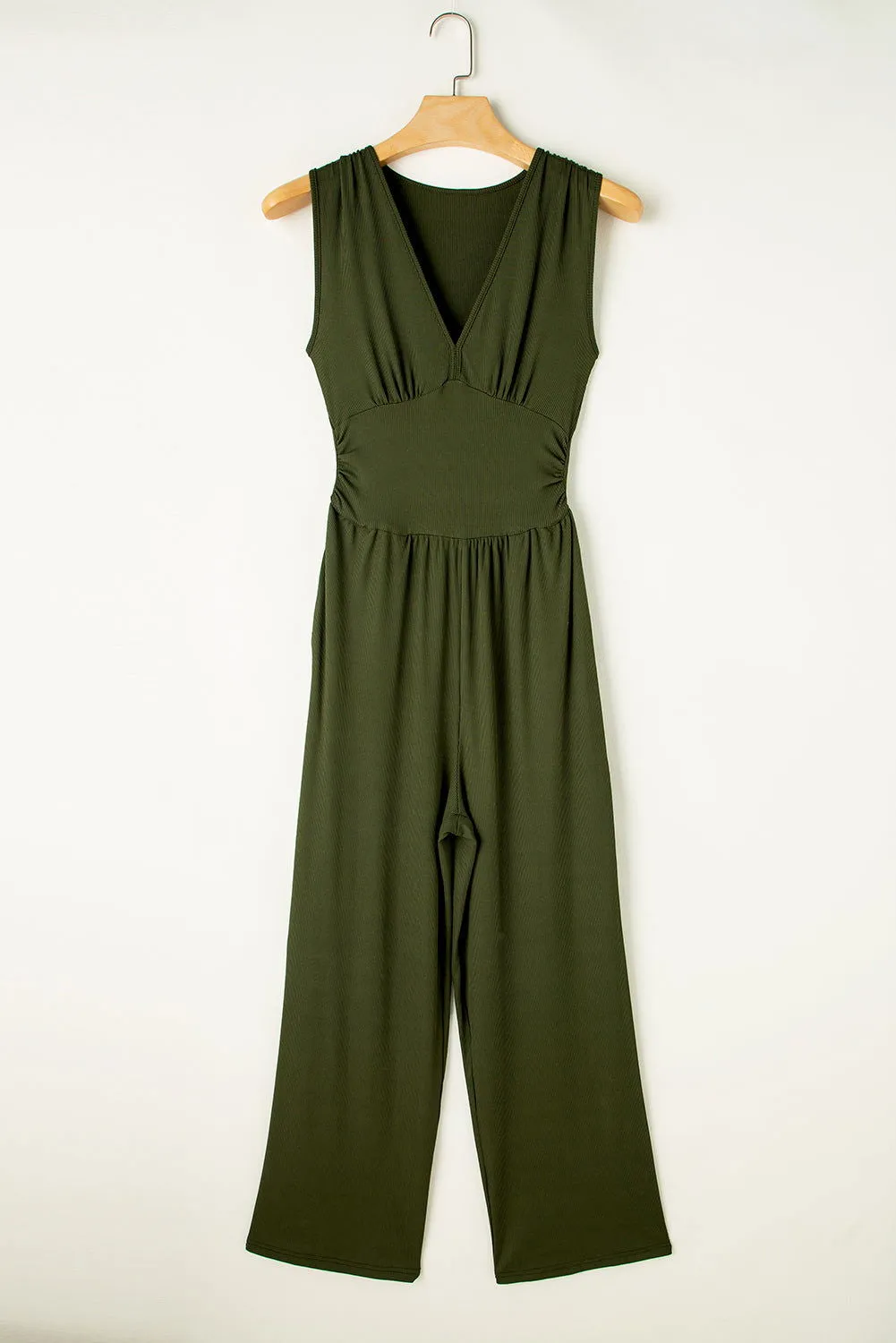 Moss Green Sleeveless V Neck Ruched Wide Leg Jumpsuit