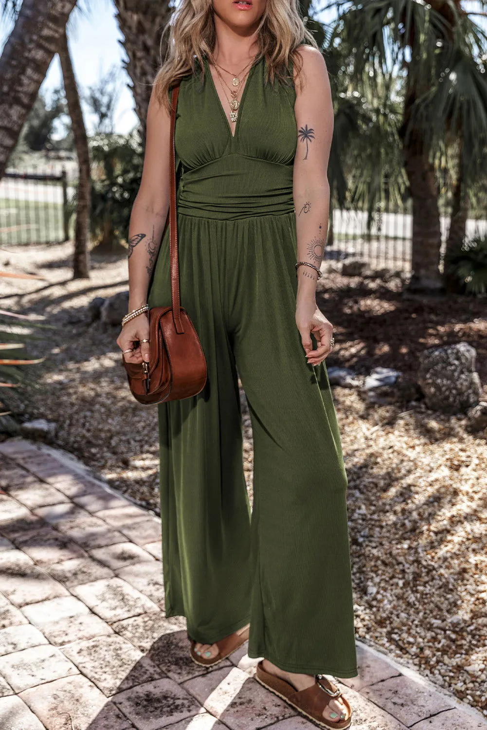 Moss Green Sleeveless V Neck Ruched Wide Leg Jumpsuit