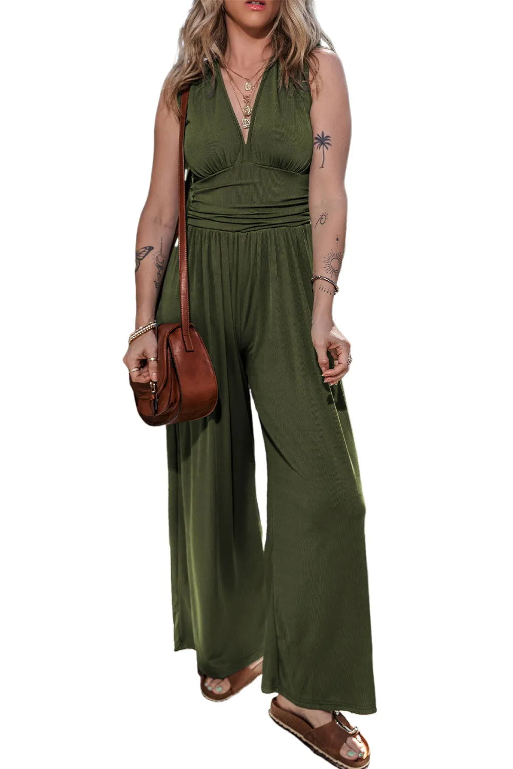 Moss Green Sleeveless V Neck Ruched Wide Leg Jumpsuit