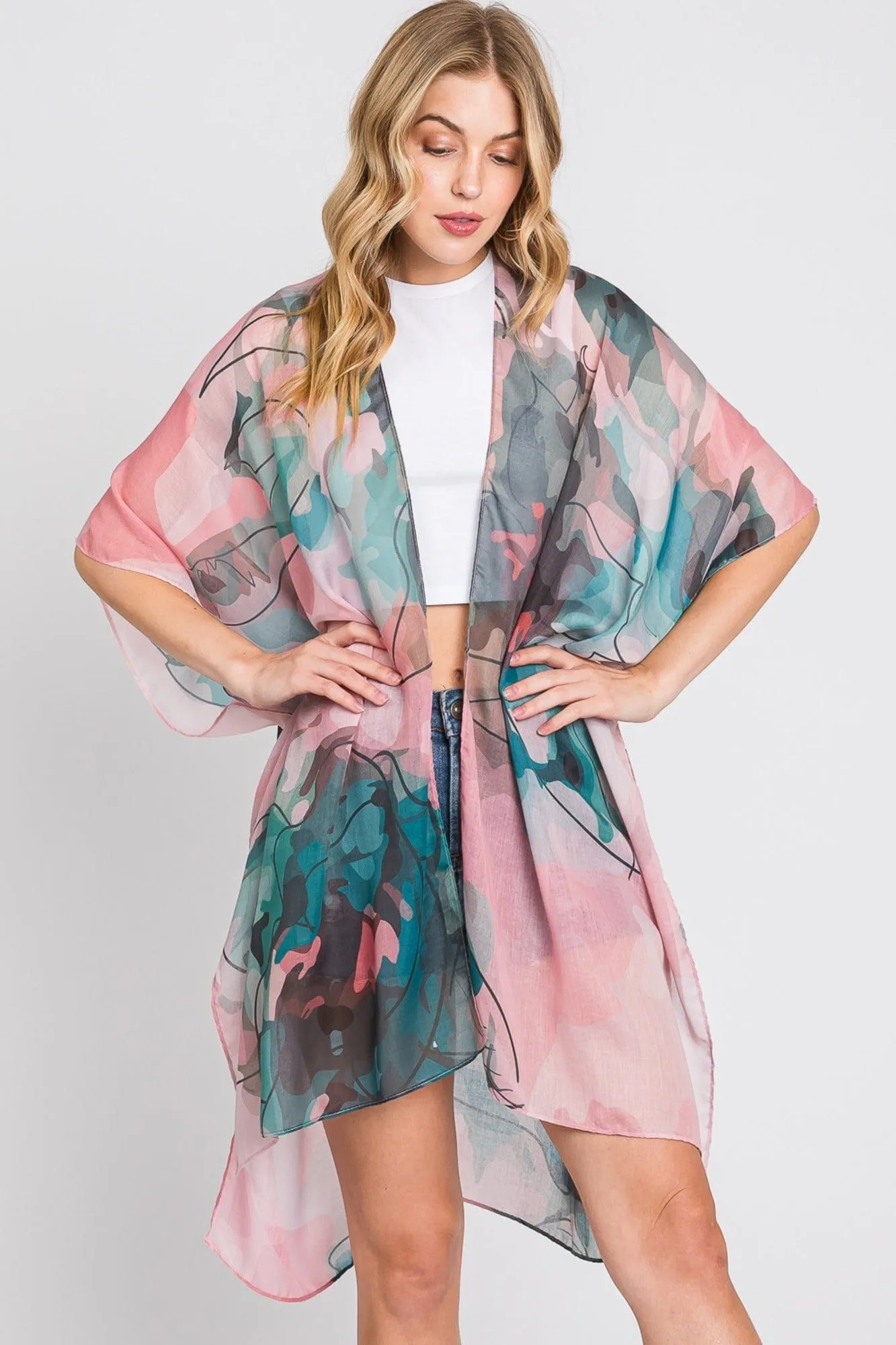 MS0377 Melody Abstract Watercolor Leaves Kimono