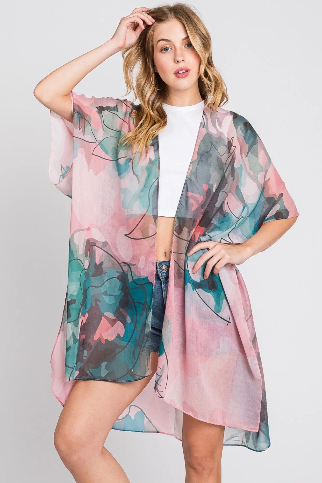 MS0377 Melody Abstract Watercolor Leaves Kimono