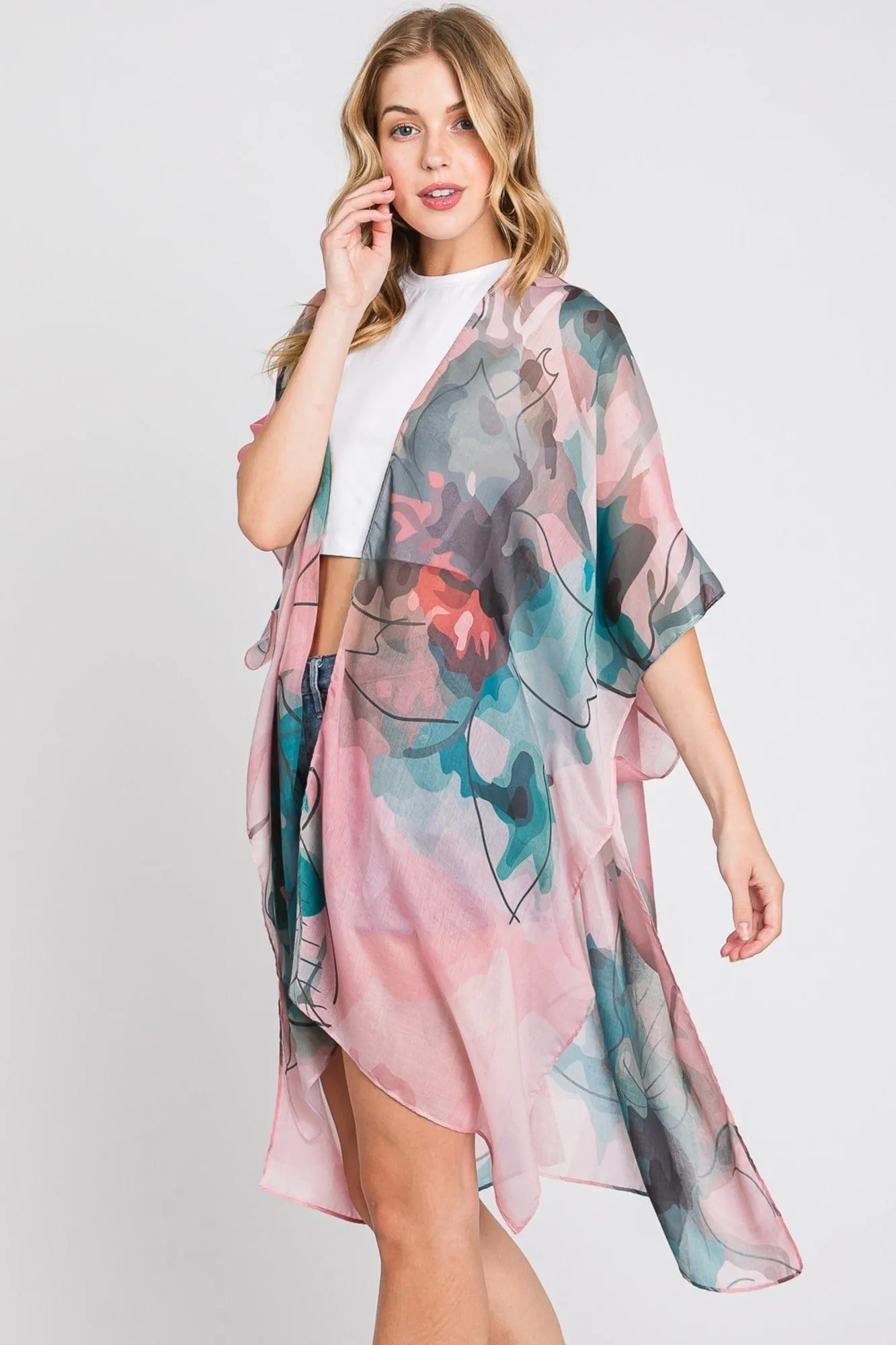 MS0377 Melody Abstract Watercolor Leaves Kimono