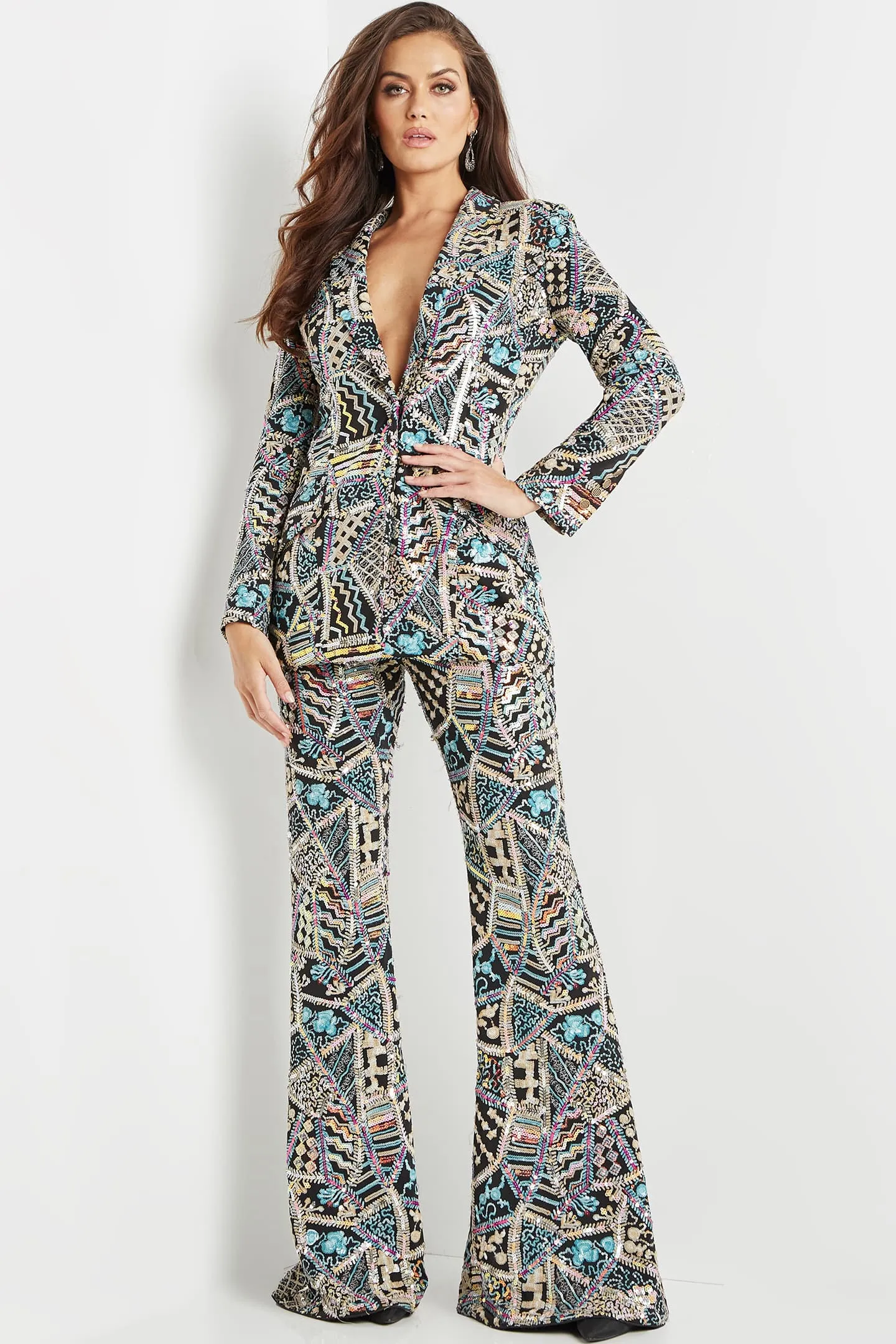 Multi Color Beaded Two Piece Suit by Jovani 09816